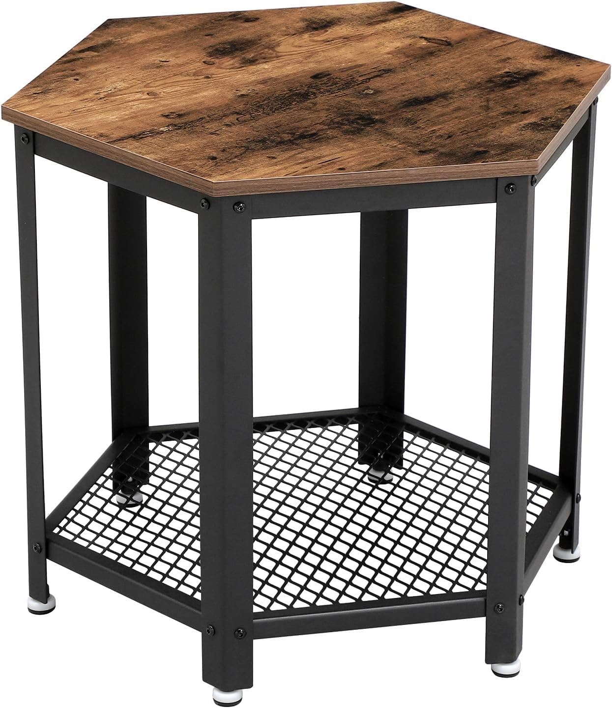 VASAGLE Industrial Side Table, Hexagonal Nightstand with Storage Rack, for Living Room, Bedroom, Wood Look Accent Furniture with Metal Frame
