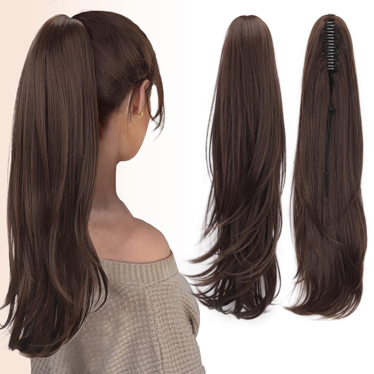 KooKaStyle Ponytail Extension, Claw Clip on/in Pony Tails Hair Extensions for Women Synthetic Long Layered Wavy Chestnut Brown Ponytail Hair Piece 22 Inch