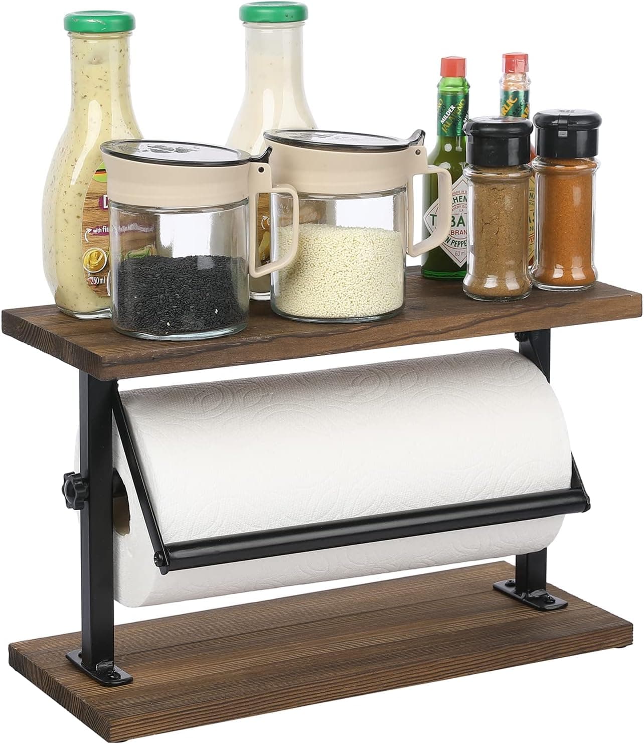 MyGift Kitchen Countertop Paper Towel Holder and Condiment Display Shelf Rack, Rustic Burnt Wood and Metal Towel Dispenser with Top Shelf for Bathroom or Kitchen