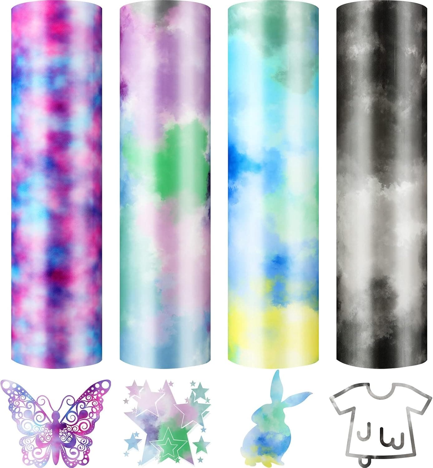 4 Pieces Tie Dye HTV Sheet Heat Transfer Vinyl HTV Tie Dye Iron on Vinyl Watercolor Rainbow Color Printed HTV Gradient Color 4 Assorted Color Vinyl Sheet for T-Shirt, Fabric Garment (Fresh Colors)