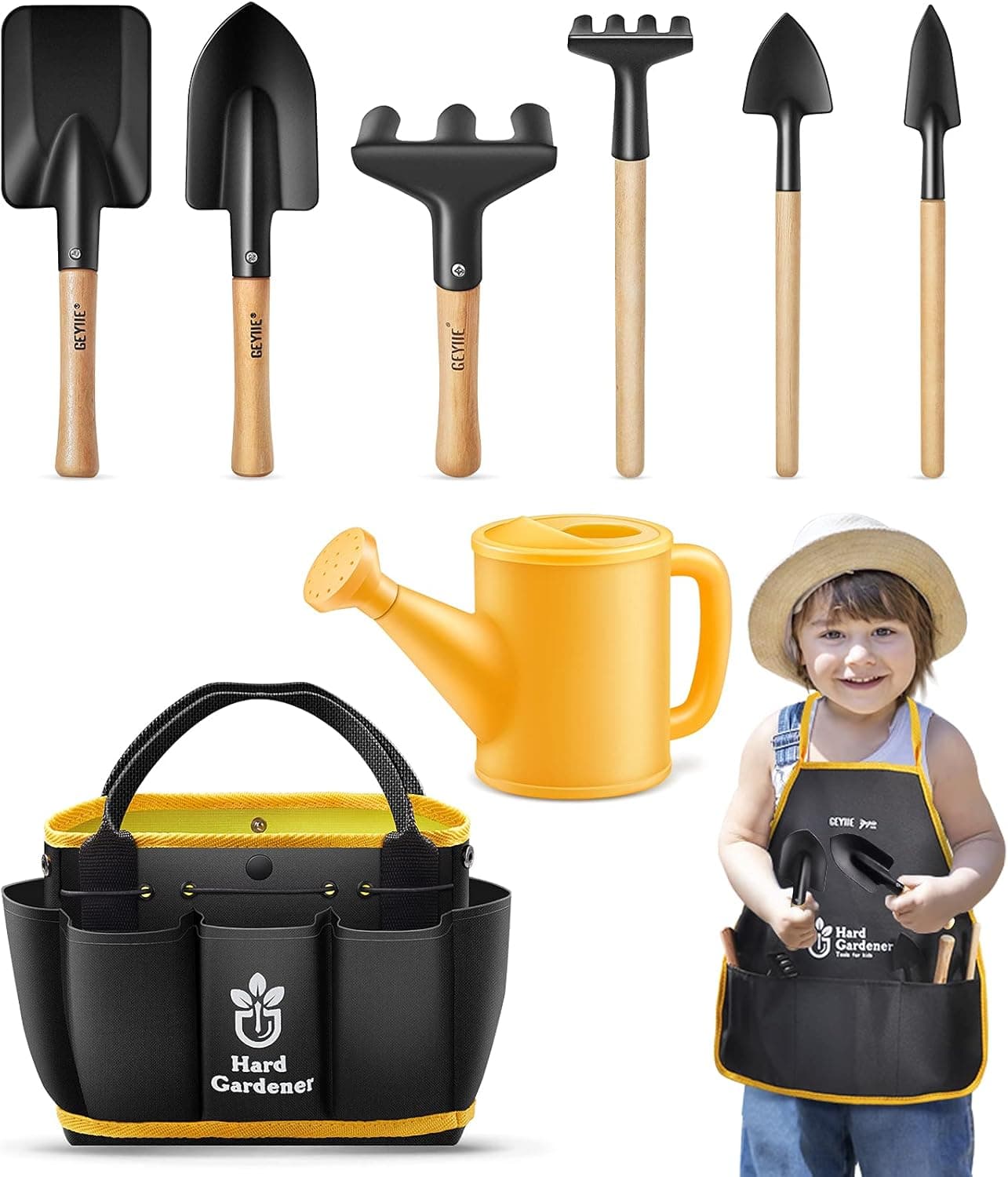 Geyiie Kids Gardening Set,Gardening Toy for Child with Wooden Handle, Watering Can, Rake, Fork, Shovel, Trowel, Sturdy Tote Bag, Indoor Outdoor Play Gardening Gifts for Girls Boys Ages 3+(9PCS)