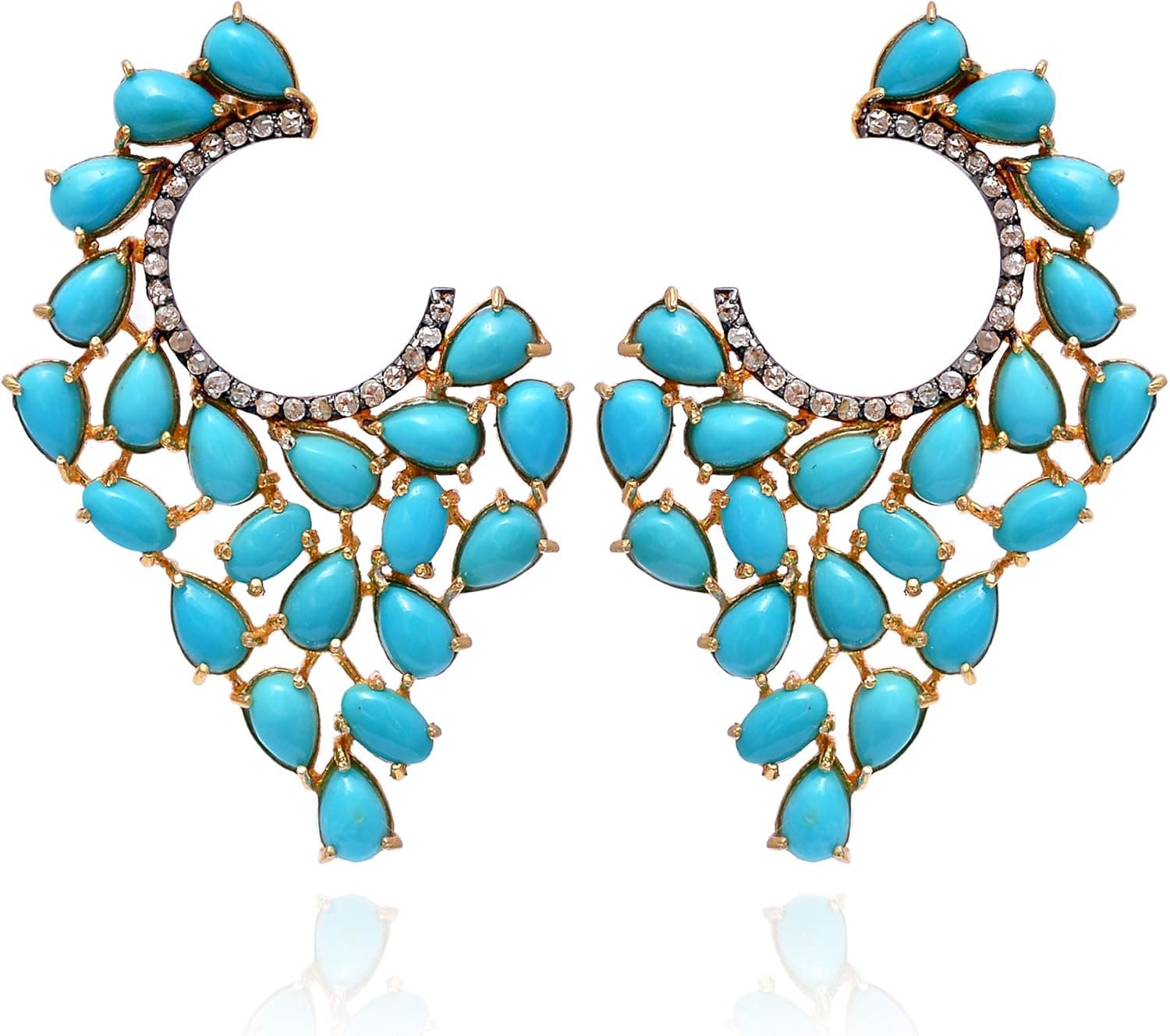 Shweta Creations Turquoise Diamond Stud Half Moon Design Earrings With 14K Gold Fine Post 925 Sterling Silver Turquoise And 0.45 Carat Brown Natural Diamond (I2-I3 Clarity) For Women