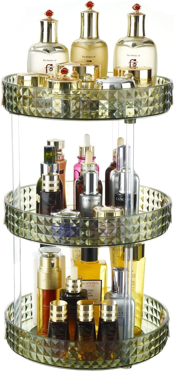 GLAMFORT 360 Degree Rotating Makeup Organizer, 3 Layers Large Capacity Clear Perfume Organizer, Acrylic Cosmetic Storage for Bathroom Vanity Bedroom Dresser, 10.6inch Green