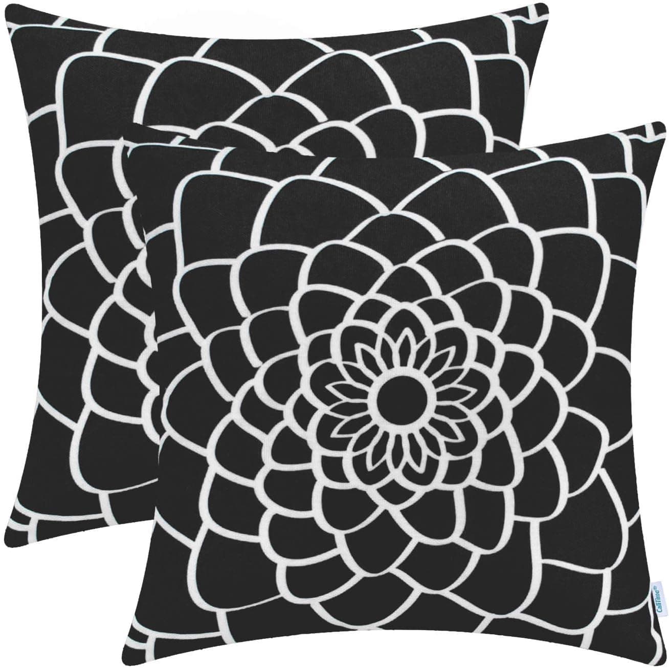 CaliTime Pack of 2 Soft Canvas Throw Pillow Covers Cases for Couch Sofa Home Decor Dahlia Floral Outline Both Sides Print 18 X 18 Inches Black