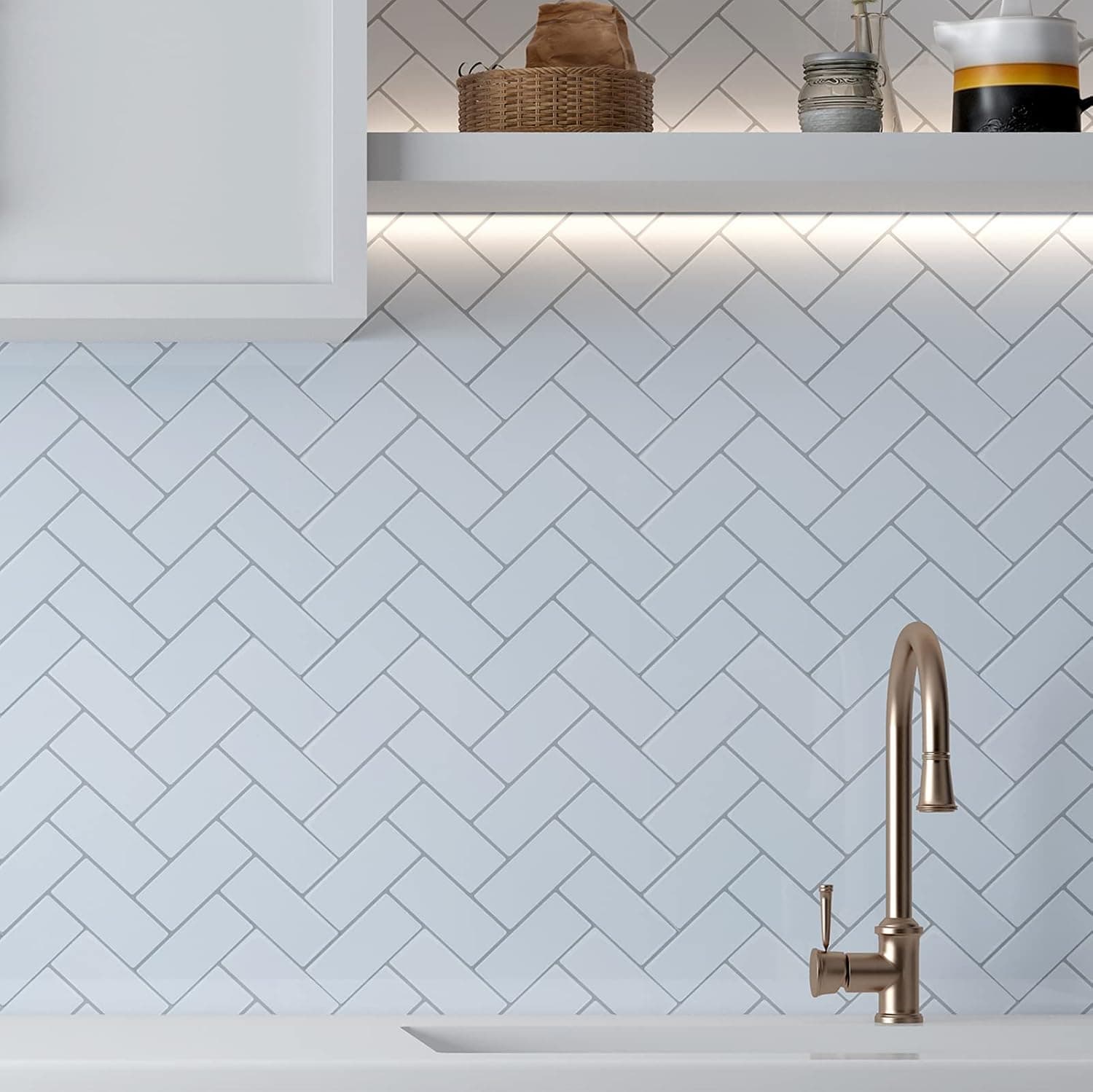 Vamos Tile 10-Sheets Peel and Stick Tiles Backsplash, Herringbone Adhesive Backsplash Tile, Stick on Tiles for Kitchen & Bathroom (12”x12”, Thicker Design)