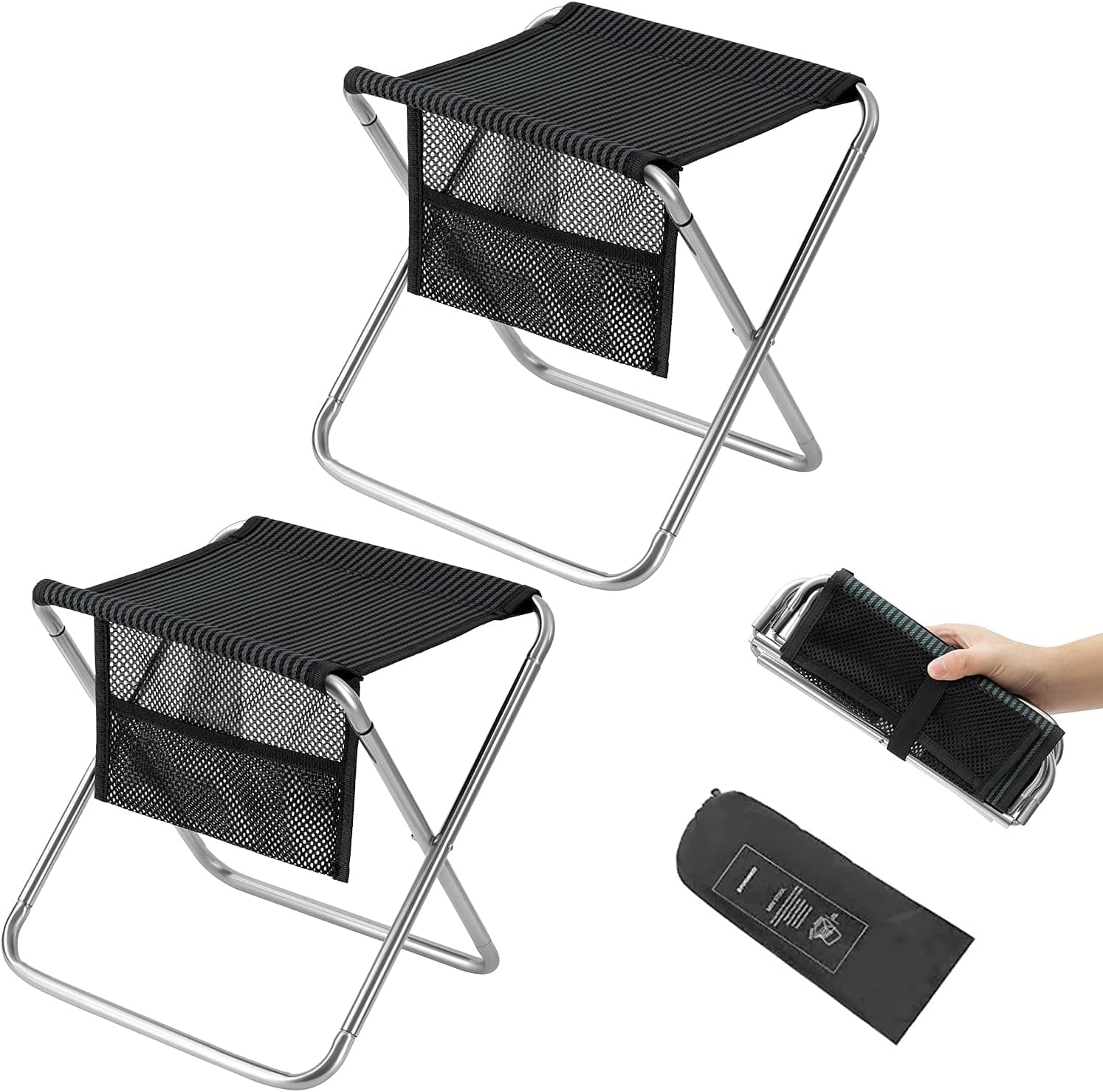 FUNDANGO 2 Pack Mini Folding Camping Stool,Portable Lightweight Camp Stools with Pocket,Outdoor Ultralight Slacker Small Chair for Adults Hiking,Fishing,Gardening,BBQ,Hunting,Stainless Steel,330 LBS