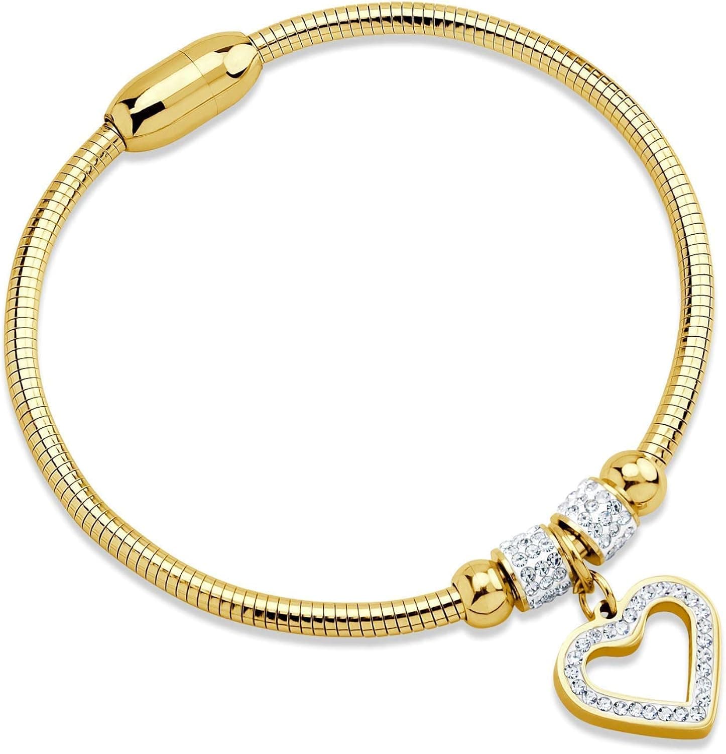 555Jewelry Womens Sparkly Magnetic Clasp CZ Love Heart Charm Bangle Bracelet