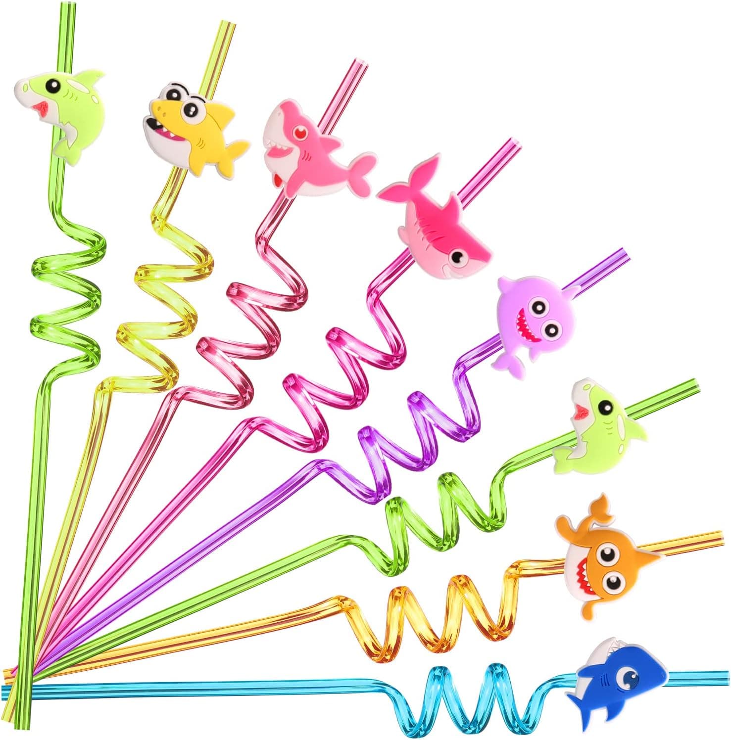 24 Shark Party Favors Reusable Plastic Straws for Boys Girls Kids Baby Swimming Ocean Shark Themed Birthday Party Supplies Decorations with 2 Cleaning Brushes