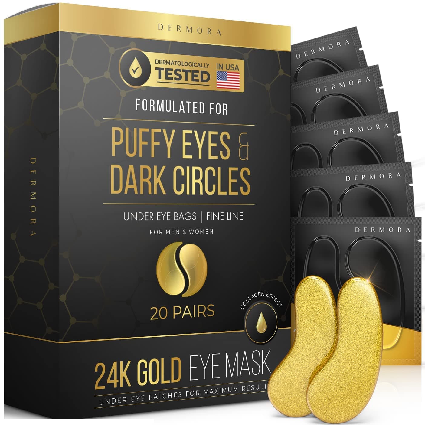 Dermora 24K Gold Eye Mask Puffy Eyes and Dark Circles Treatments Look Less Tired and Refresh Your Skin, 15 Pairs