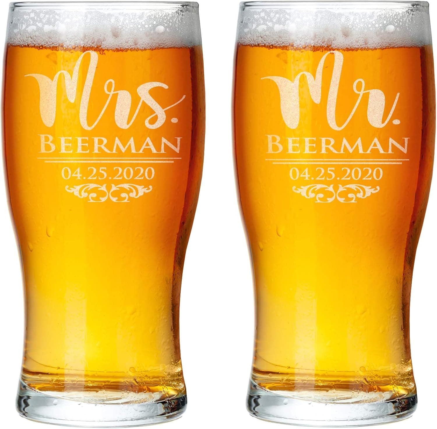 Custom Etched Mr Mrs Beer Glasses Set of 2 Pub 50th Wedding Anniversary Dad Mom Bride Groom Soon to Be Newly Engaged Rustic Couples