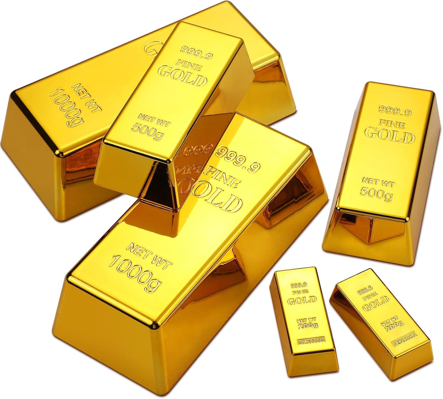 HyDren 6Pcs Fake Bar Replica Brick Bullion Glittering Movie Prop for Stage Decoration Halloween Pirate Costume Party Supplies Novelty Gifts Paper Weight Door Stop (Gold, 6.5 Inch, 4.5 Inch, 2.4 Inch)