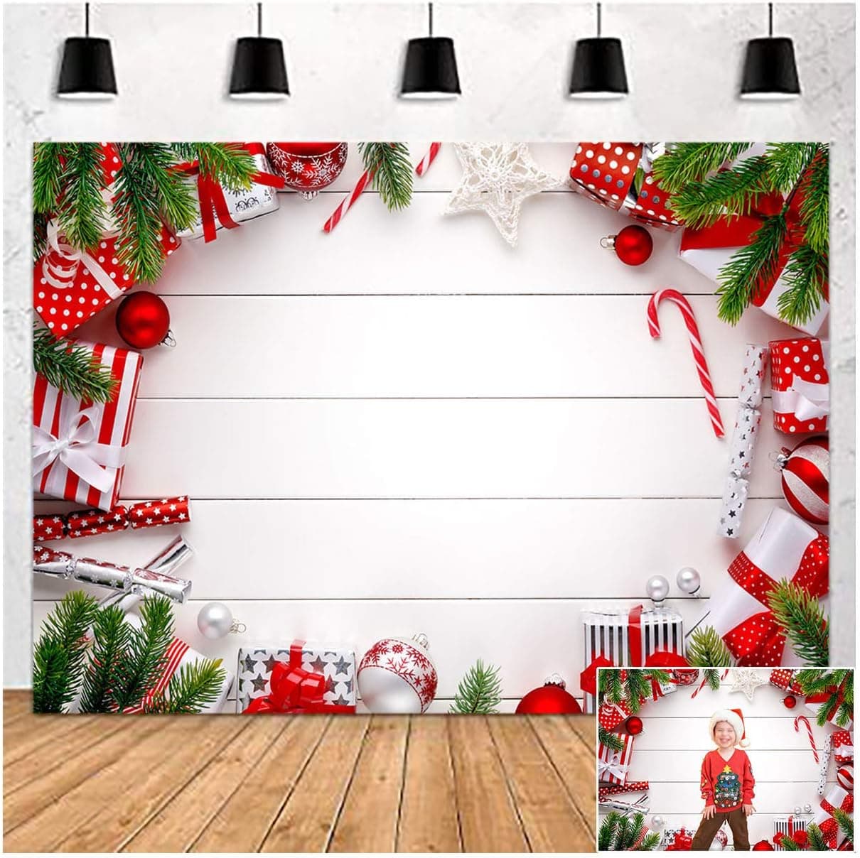 Merry Christmas Theme White Wooden Board Photography Backdrops for Winter Holiday Party Xmas Bells Decorations Gift Bokeh Photo Background Children Photo Booths Cake Table Banner Studio Props 5x3ft