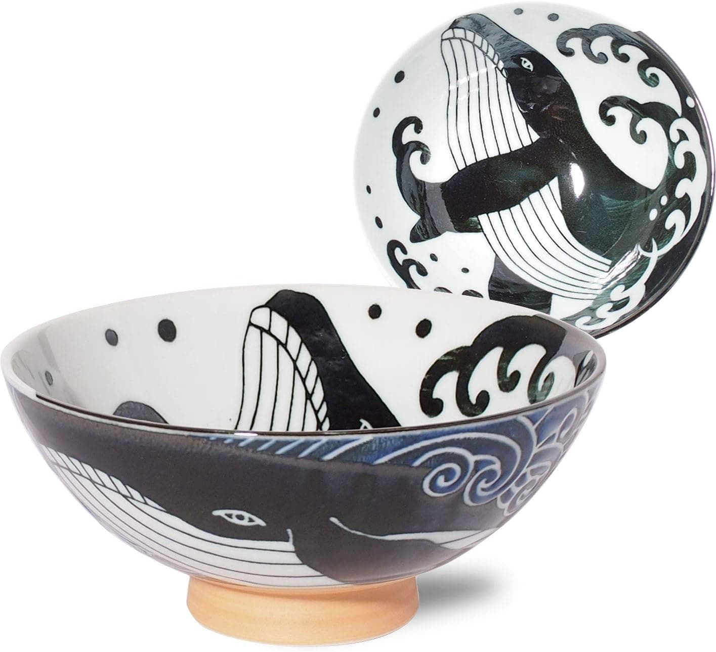 MINORU TOUKI Minorutouki Rice Bowl Extra Large White Wave Whale Blue φ5.8×H2.6in 7.76oz Made in Japan