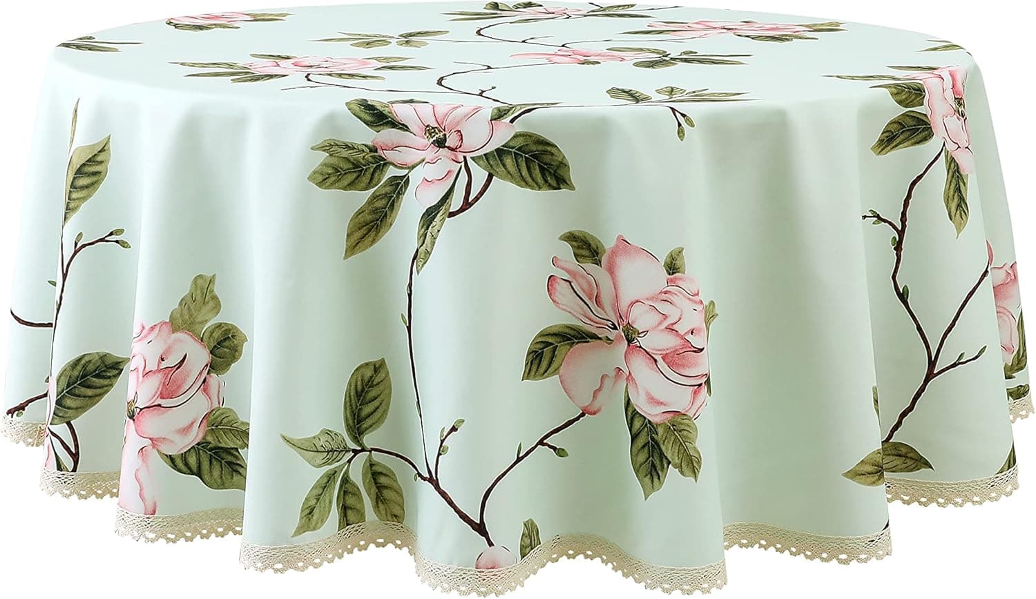 Wewoch Decorative Camellia Floral Print Polyester Round Tablecloth Waterproof Fabric Lace Table Cloth, Table Cover for Dining Room and Party (60x60-Inch, Pale Mint Green)
