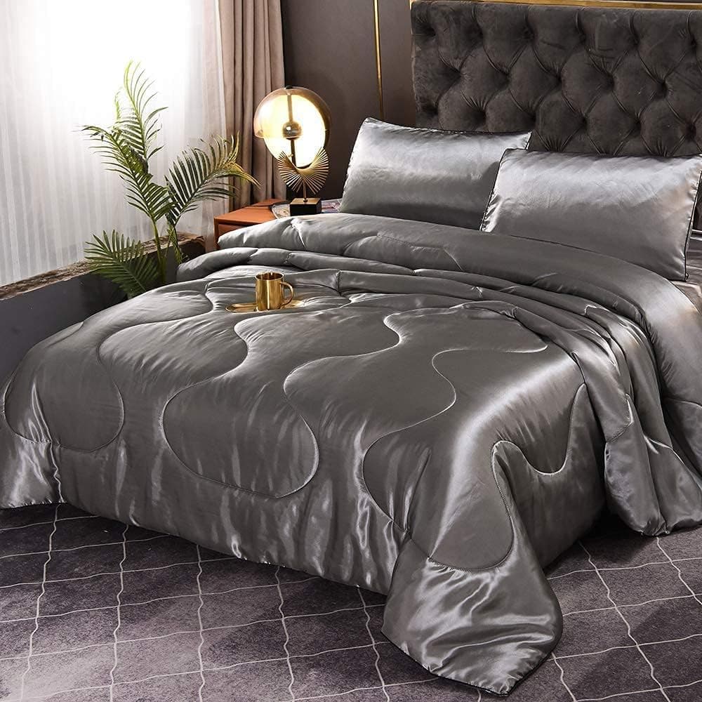 YEARNING 3pcs Grey Satin Silky Comforter Set Queen, Summer Comforter Quilt Bed Sets Lightweight