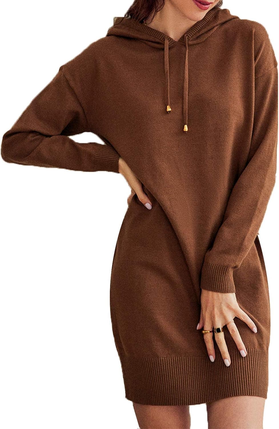 Simplee Women's Knit Long Sleeve Sweater Dress Hooded Long Pullover Sweater Dresses (Brown 10)
