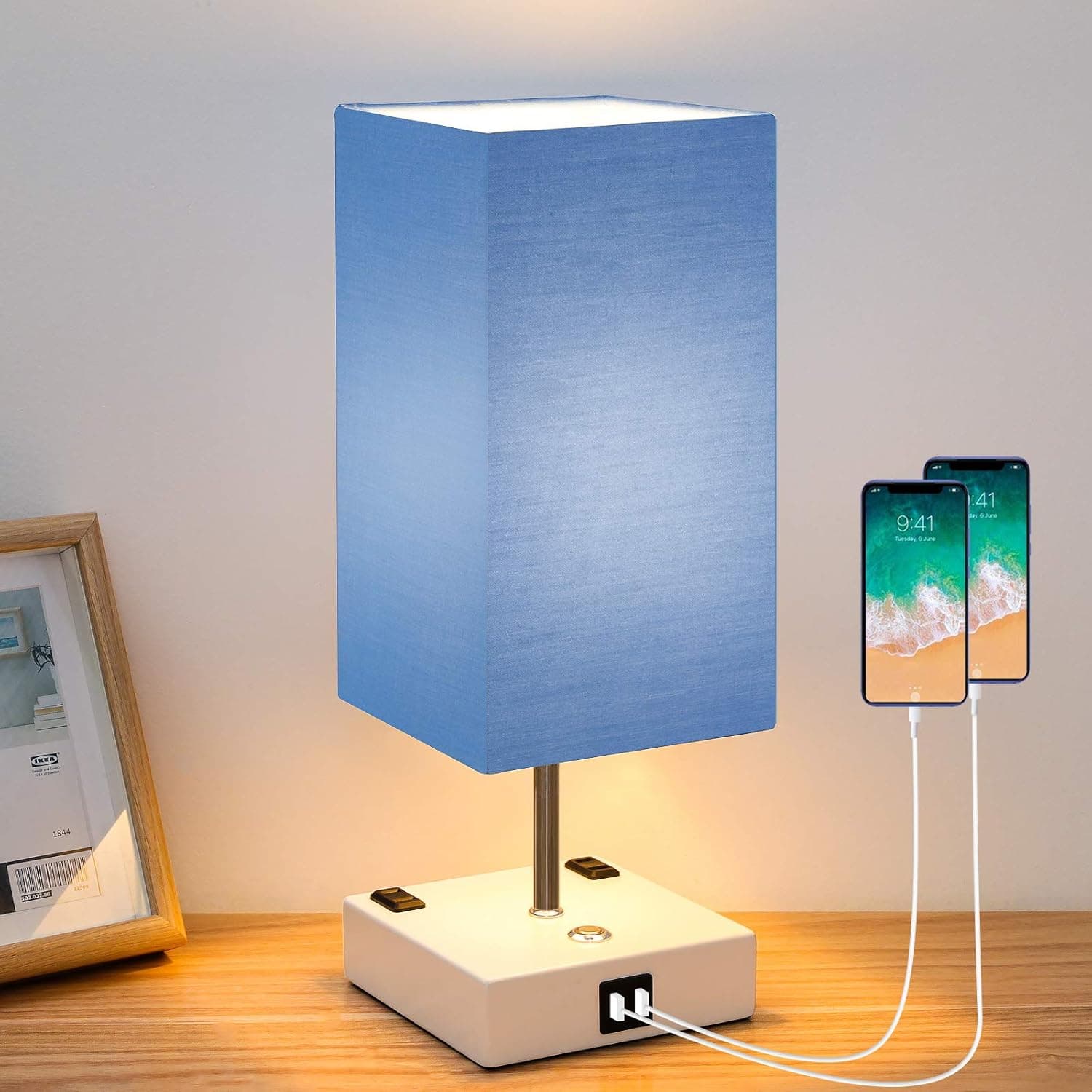 Yueximei Touch Control Table Lamp,3 Way Dimmable Lamps,2 Fast USB Charging Ports and 2 Ac Outlets,Modern Nightstand Lamp with Blue Lampshade and White Base for Bedroom Living Room,LED Bulb Included