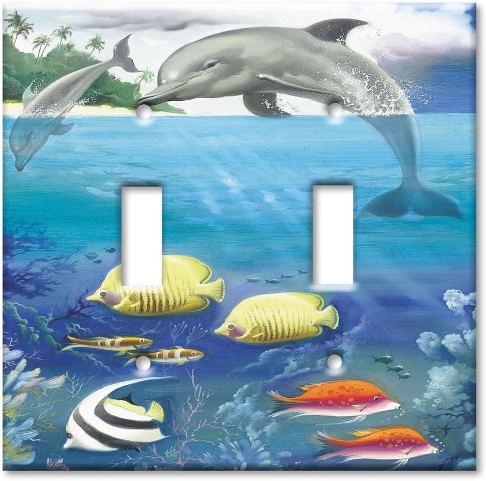 Art Plates - Double Gang Toggle OVERSIZE Switch Plate - OVER SIZE Wall Plate - Dolphin and Fish