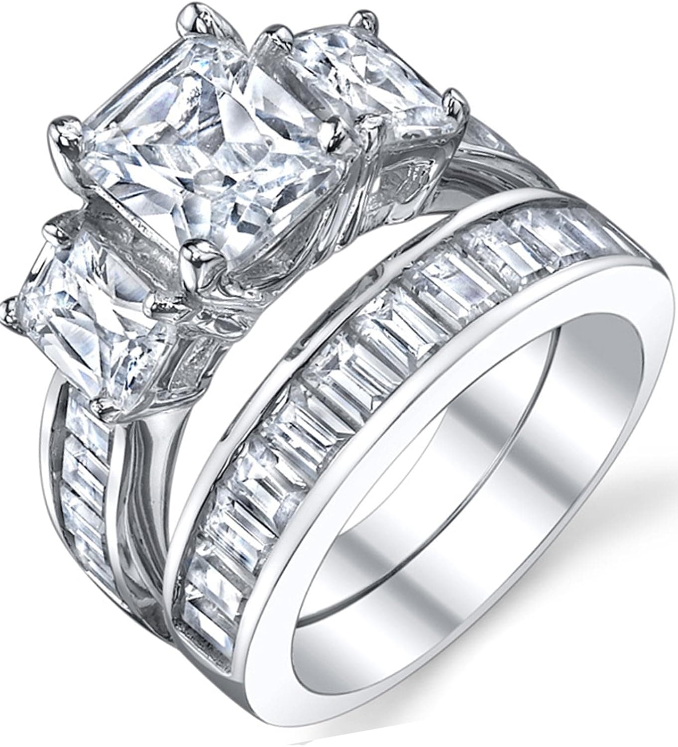 2 Carat .925 Sterling Silver Radiant Cut Cubic Zirconia CZ Women's Engagement Ring Set Sizes 4 to 11