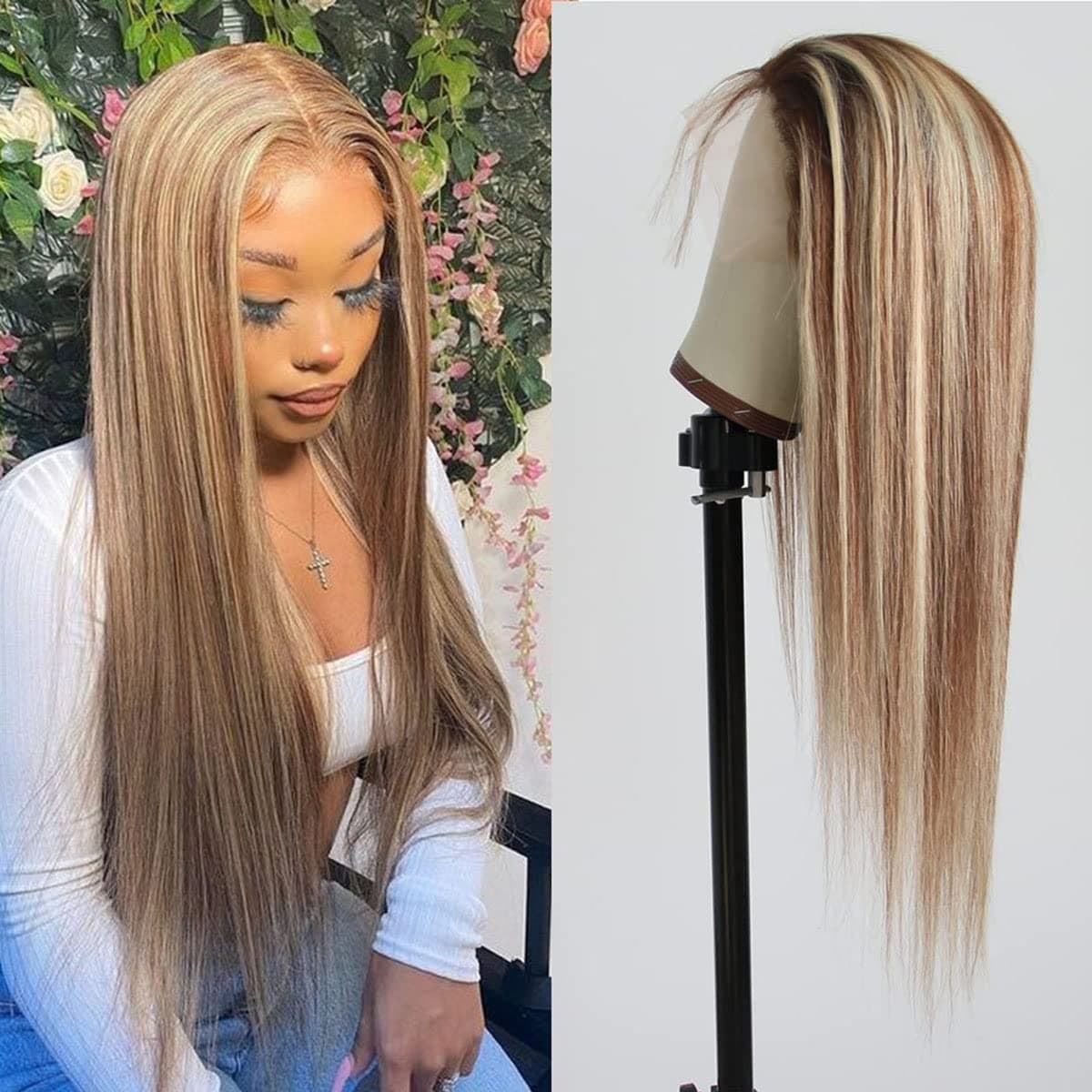 Aprilhair Pre-plucked Ombre #4/613 Brown Blonde Highlight Lace Front Wigs Straight Glueless 150% Density Brazilian Virgin Human Hair (16 INCH, 4/613 Lace Front Wig)