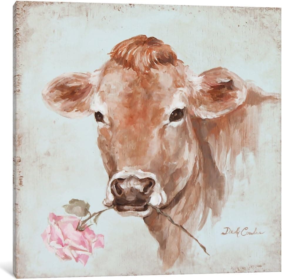 iCanvasART iCanvas French Farmhouse Series: Cow with Rose Gallery Wrapped Canvas Art Print by Debi Coules, 18" x 18"