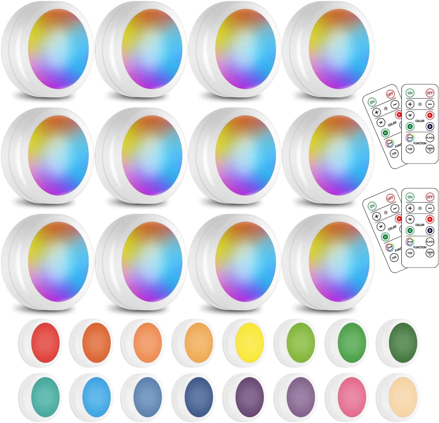 SIXDEFLY Wireless 16 Color Changing LED Puck Light 12 Pack LED Under Cabinet Lighting Closet Light Battery Powered Night Lights with Remote Control Dimmer & Timing Function