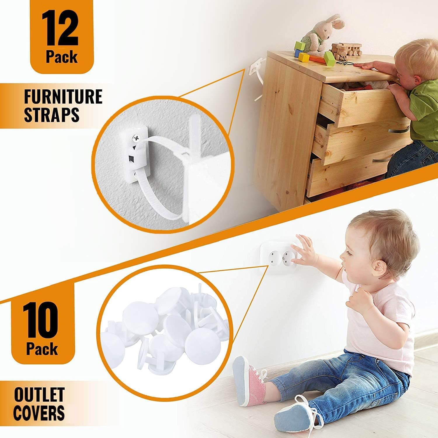 Dayoumi Furniture Straps (12 Packs) Baby Proofing Anti Tip Furniture Anchors kit, Adjustable and Easy to Install Earthquake TV Furniture Straps for Wall,with Baby Proofing Outlet Covers (Gift 10)