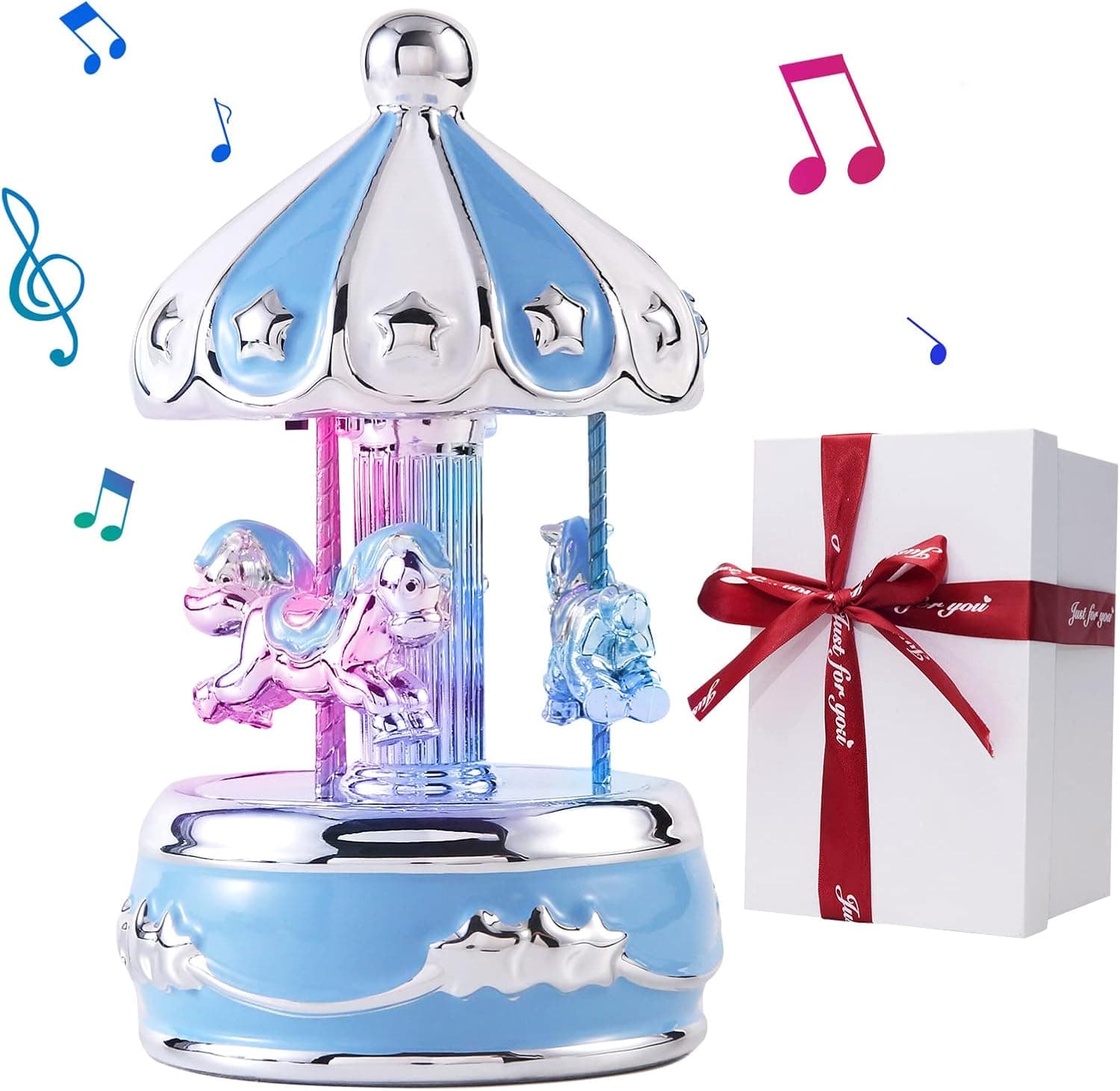 LMMIUU Carousel Music Box, Gift Wrapped Ceramic Musical Carousel Horse, Twinkling LED Light Carousel, Plays Twinkle Twinkle Little Star, Christmas, Birthday for Girls Boys (Blue Star)
