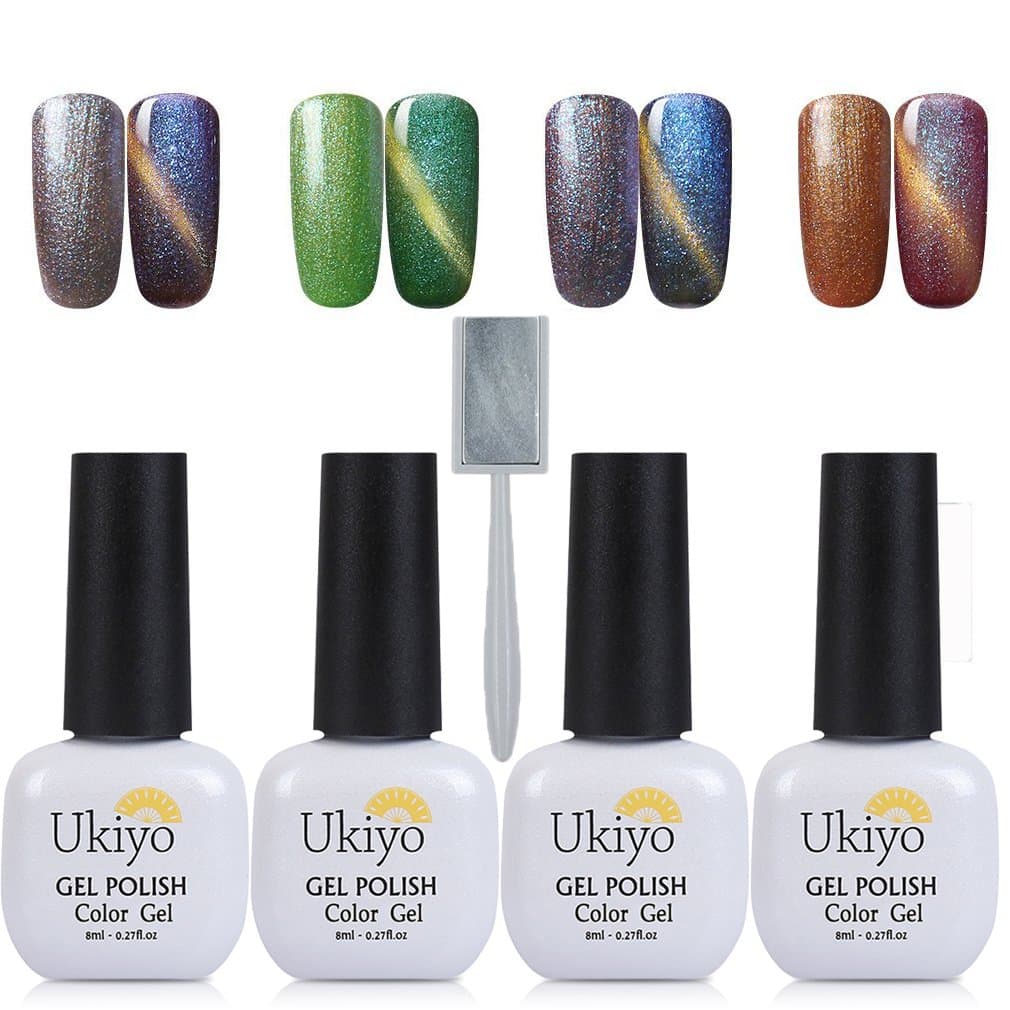 Ukiyo Gel Nail Polish Set 4Pcs 3D Magnetic Charming Cat Eye Effect UV/LED Light Soak Off Nail Gel Lacquers French Manicure Nail Art With Magnetic Stick (Set 2)
