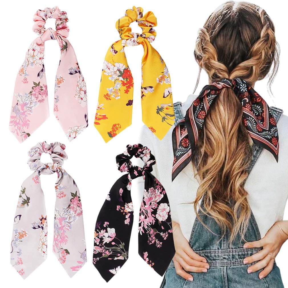 4Pcs Hair Scrunchies Silk Satin Scarf Hair Ties Elastic Hair Bands Ponytail Holder Flower Printed Hair Bobbles Vintage Accessories for Women Girls