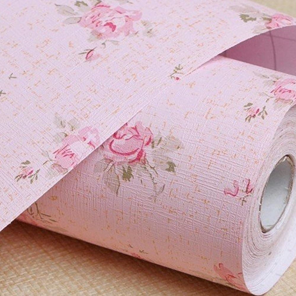 yazi Self Adhesive PVC Wallpaper Pink Rose Country Rustic Girls Bedroom Wall Mural 17.7x393.7 inch