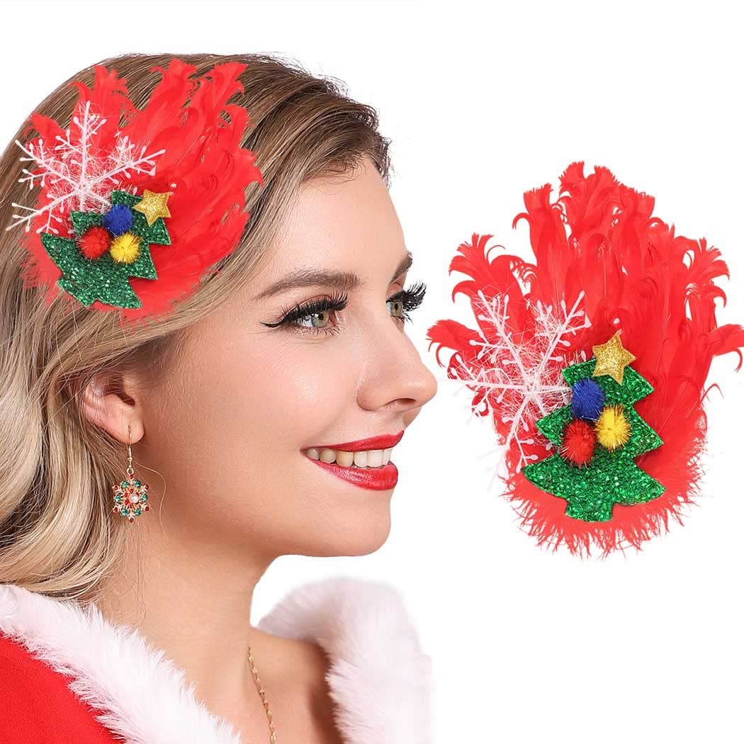 GENBREE Christmas Snowflake Hair Clips Red Feather Xmas Tree Hair Accessories Costume Hair Barrette Gifts for Women and Girls