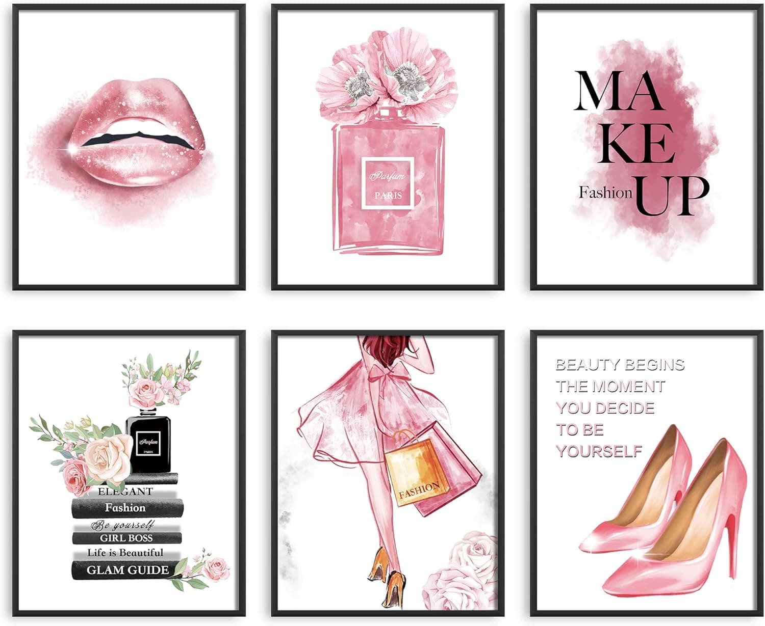 Coaxbnue Glam Pink Fashion Wall Art Girls Room Decor Wall Pink Golden Fashion Shopping lady Perfume Flower Book High Heels Posters Prints Women Decor Bedroom (11x14 inch Unframed, Pink)