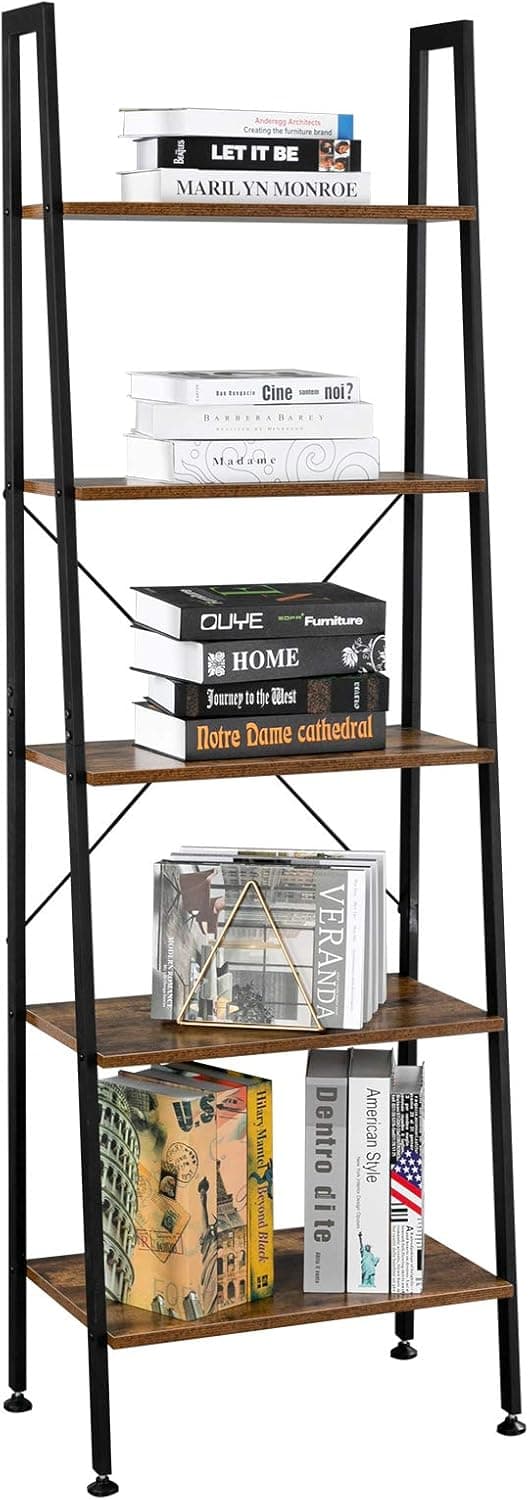 VINGLI Ladder Shelf 5-Tier Industrial Bookcase Free Standing Ladder Bookshelf with Metal Frame and Rustic Wood Plant Storage Shelf for Office, Living Room, Kitchen, Bedroom, Bathroom