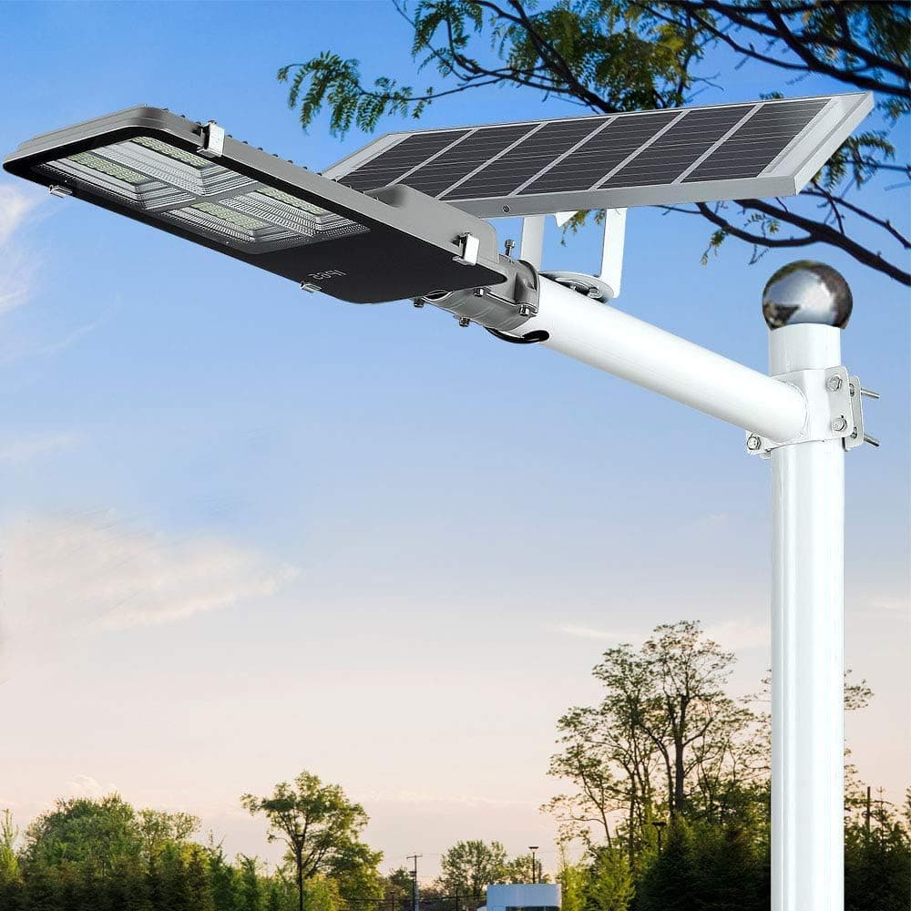 120W LED Solar Street Lights Outdoor Lamp, Dusk to Dawn Pole Light with Remote Control, Waterproof, Ideal for Parking Lot, Yard, Garage and Garden (Neutral White)