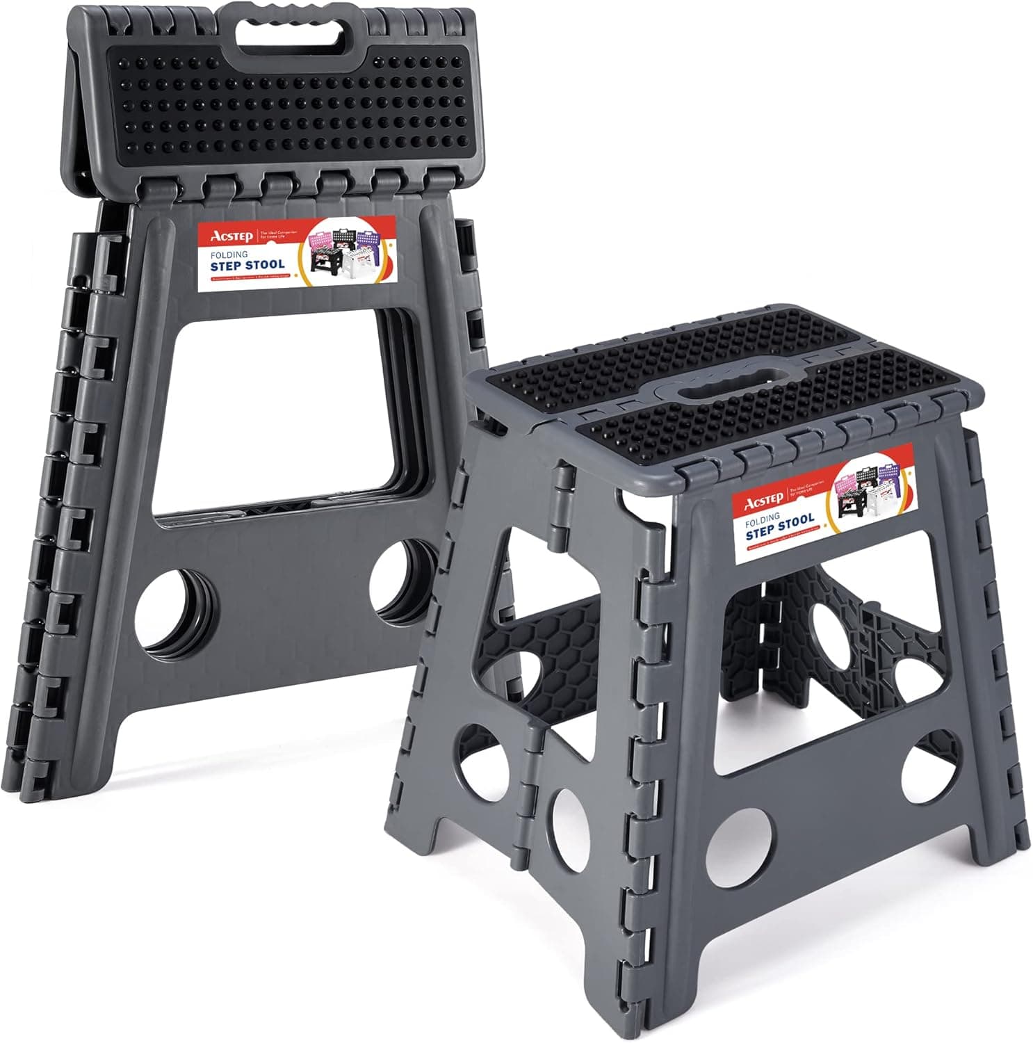 ACSTEP Folding Step Stool 16 Inch Step Stools for Adults and Kids Non-Slip Foldable Step Stool Plastic Collapsible Stepping Stool with Handle Holds Up to 300 LBS Dot Grey (1 Pack)