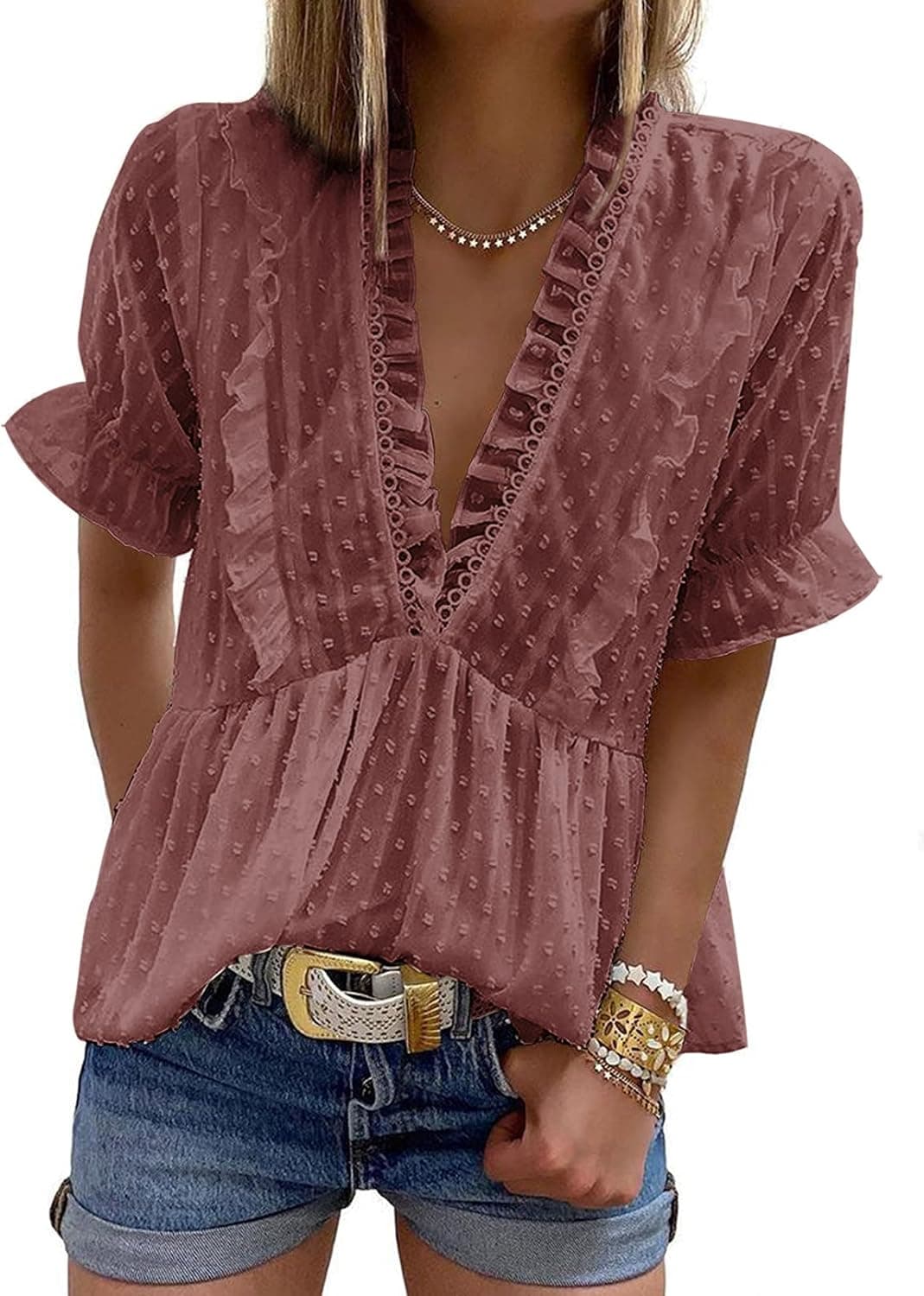 FARYSAYS Women's Casual Ruffle V Neck Short Sleeve Swiss Dot Tops Summer Loose Blouses Shirts
