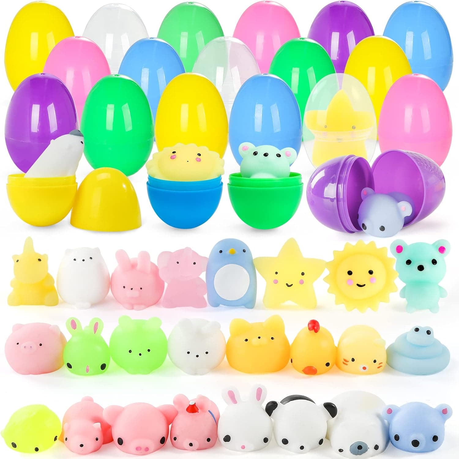 SALLYFASHION 24 Pcs Easter Egg, Toy Filled Easter Eggs Colorful Plastic Easter Eggs with Mochi Squishy Squeeze Toys Toys Surprise Eggs for Easter Party Favors Easter Theme Party Easter Basket Stuffer