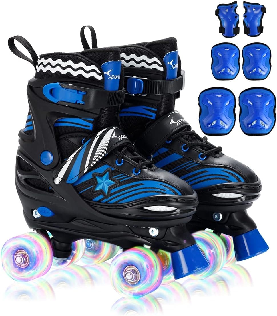 Roller Skates Grow with Boys, Sportneer 4 Sizes Adjustable Light Up Kids Roller Skates for Age 3-5 6-12 Roller Skates with Protective Gears Illuminating Wheels Gift for Kids Toddler Beginner