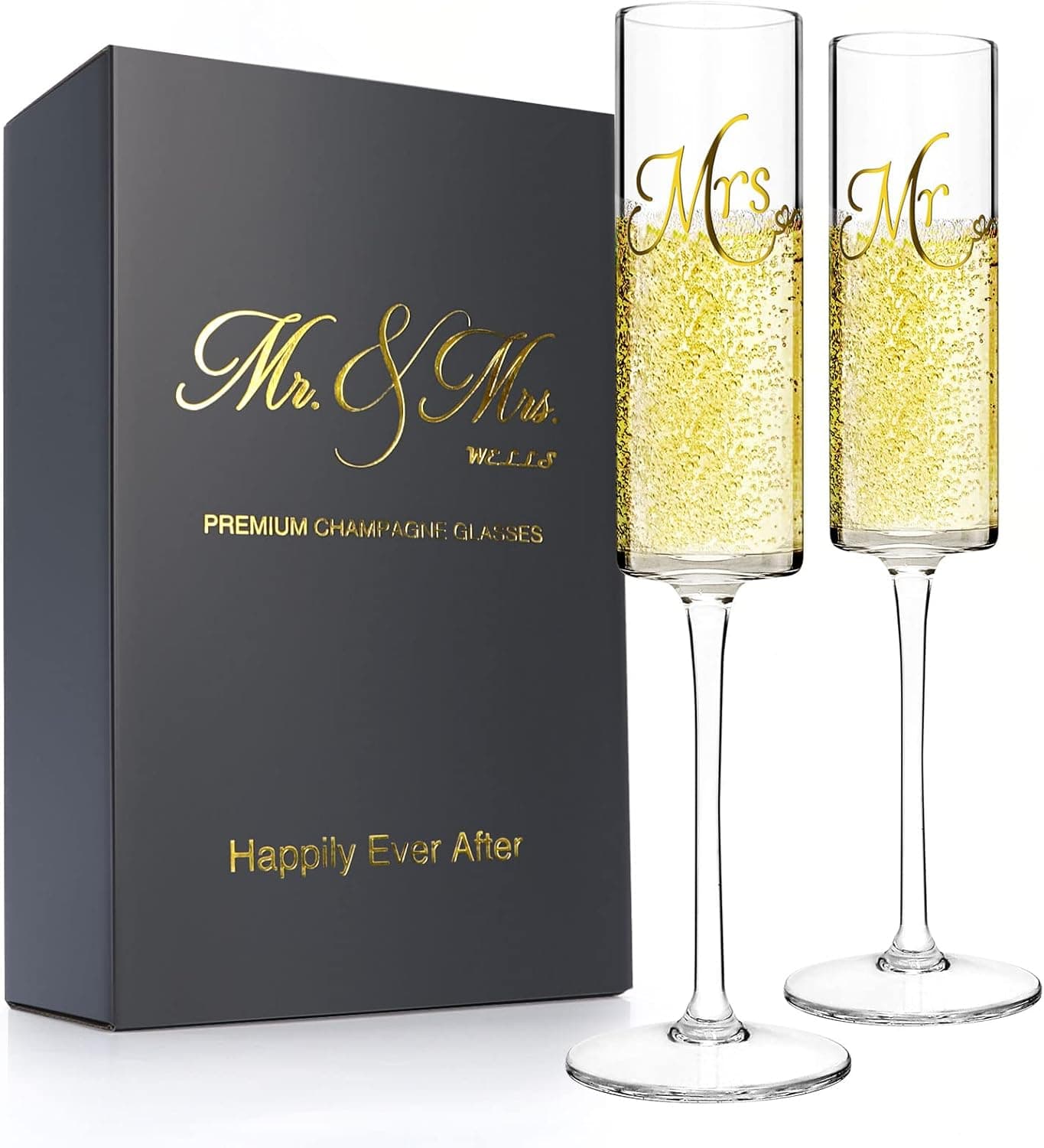 Mr and Mrs Champagne Flutes with Long Stem,Bride and Groom Toasting Glass,Elegant 7oz Square Wine Glasses Set of 2, Bridal Shower Unique Gift for Wedding, Anniversary, Engagement Gifts for Couples