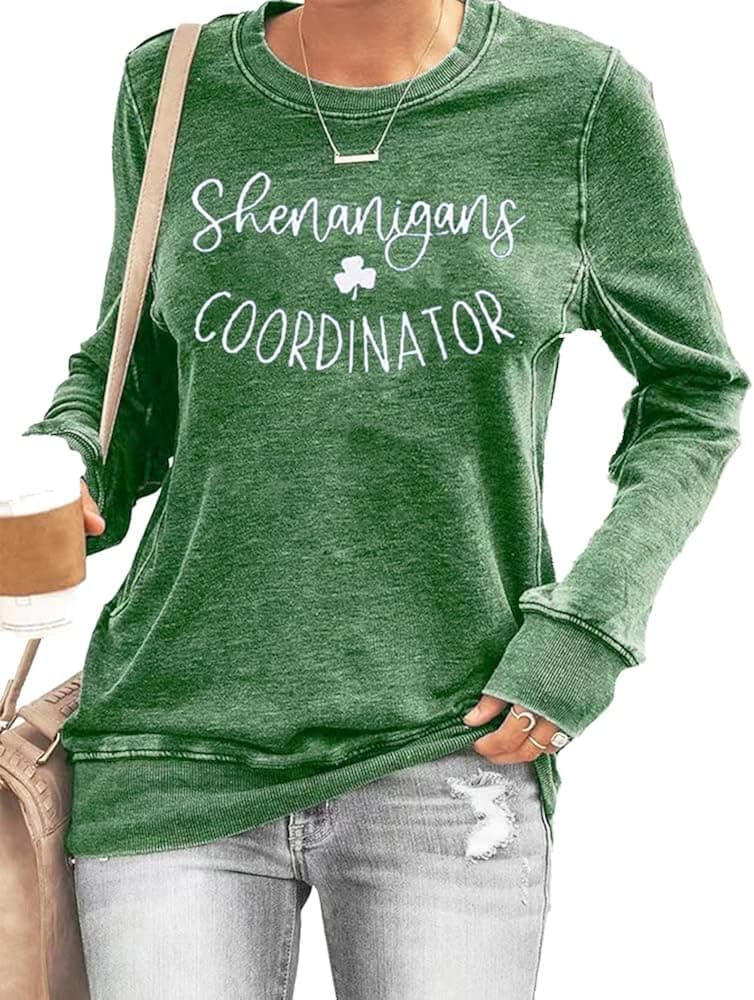 Shenanigans Coordinator T Shirt St Patrick'S Day Women Shirt Funny T Shirt Casual Long Sleeve Sweatshirt Tops