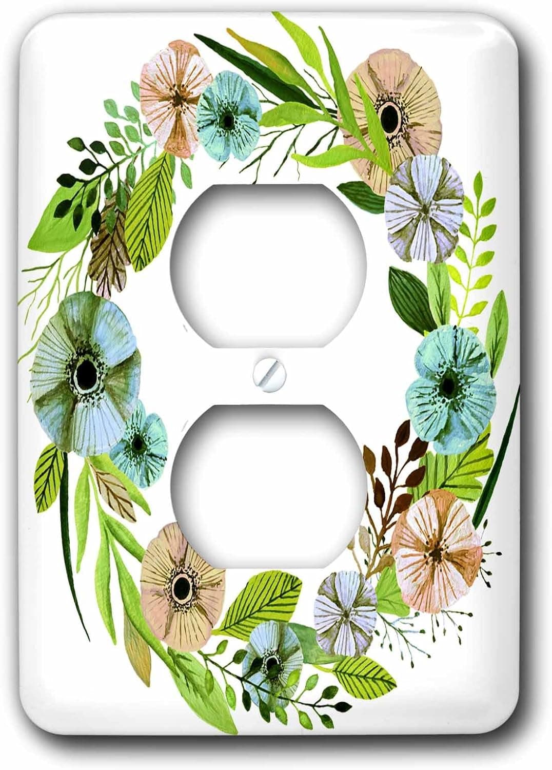3D Rose LSP_254894_6 Pretty Watercolor Green and Aqua Floral Wreath 2 Plug Outlet Cover