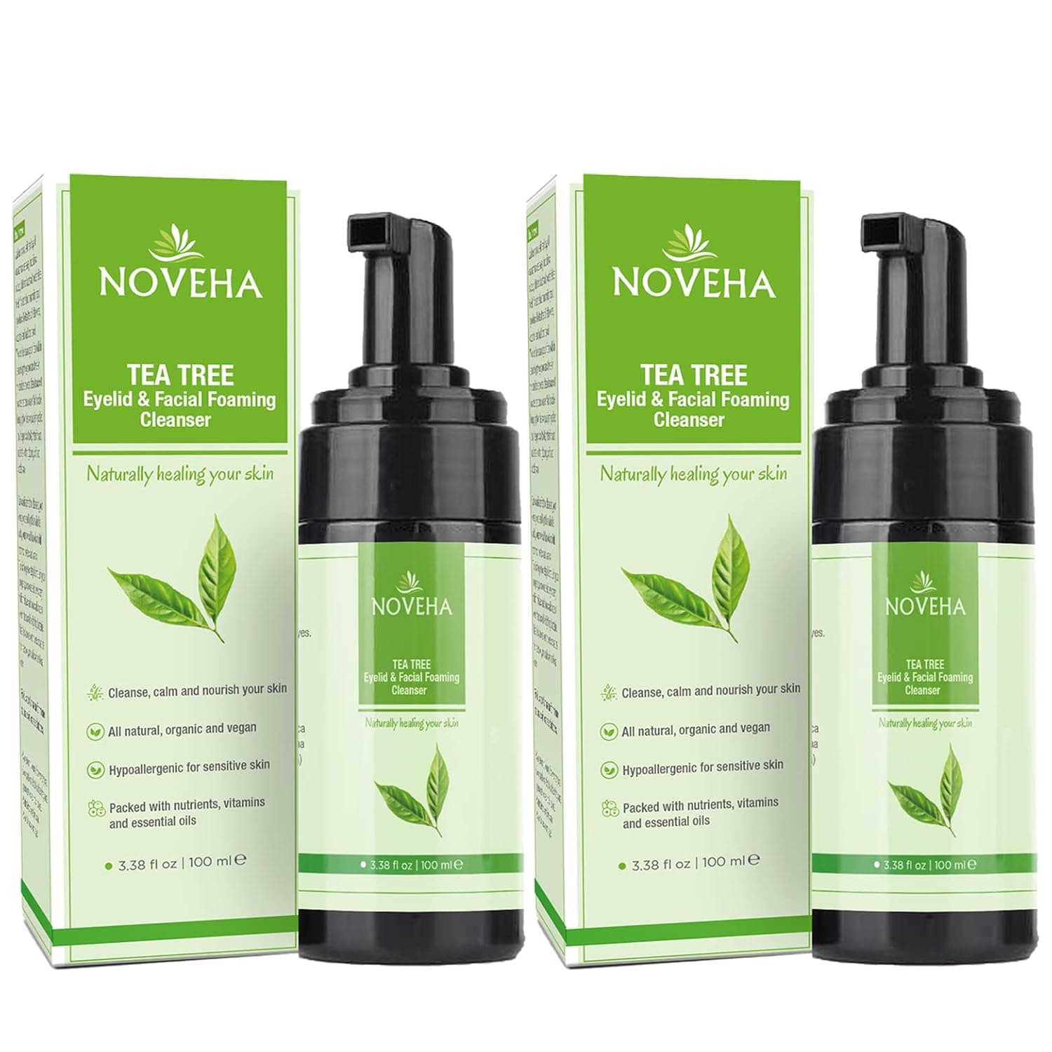 NOVEHA Tea Tree Oil Foaming Gentle Cleanser | Daily Skincare For Eyelash & lid, Eye Irritations, Stye Eyes, Skin Dryness with Organic Ingredients, All Skin Types, 100ml (Pack of 2)