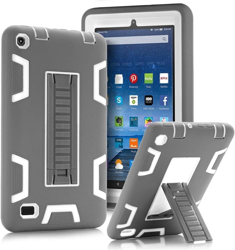 TOPSKY Fire 7" (2015 Release) Case,[Kickstand Feature],Shock-Absorption/High Impact Resistant Heavy Duty Armor Defender Case for Amazon Fire 7 Inch Tablet,with Stylus, Grey/White