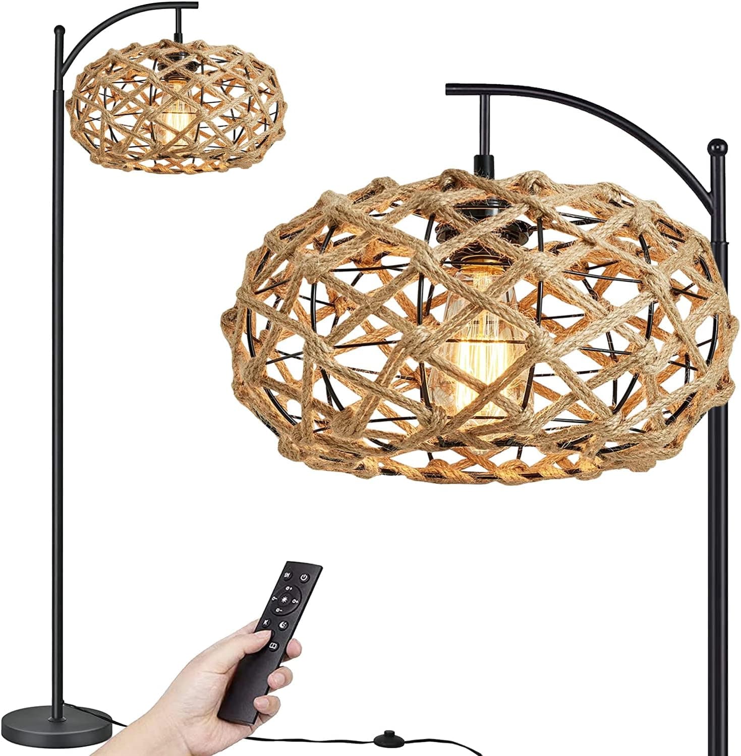 QIYIZM Rattan Floor Lamp with Remote for Living Room Bedroom Farmhouse Boho Dimmable Arc Standing Lamp Industrial Rustic Floor Light Adjustable Black Tall Lamp Corner Hand-Worked Wicker Lamp Shades