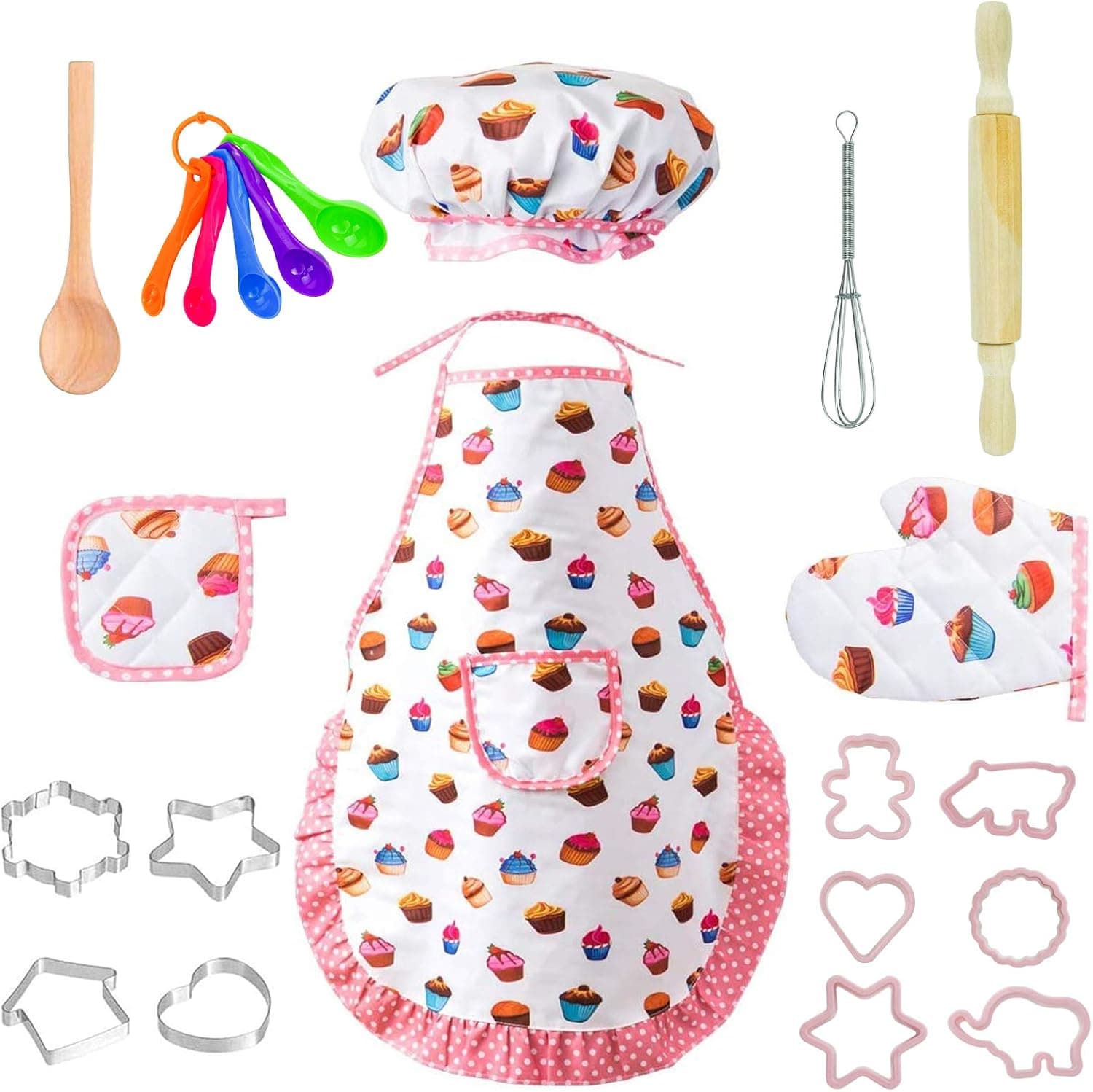 CACASO 22Pcs Kids Chef Role Play Costume Set,Toddler Cooking Apron Set,Apron&Chef Hat for Dress Up Chef Costume Play for Kids