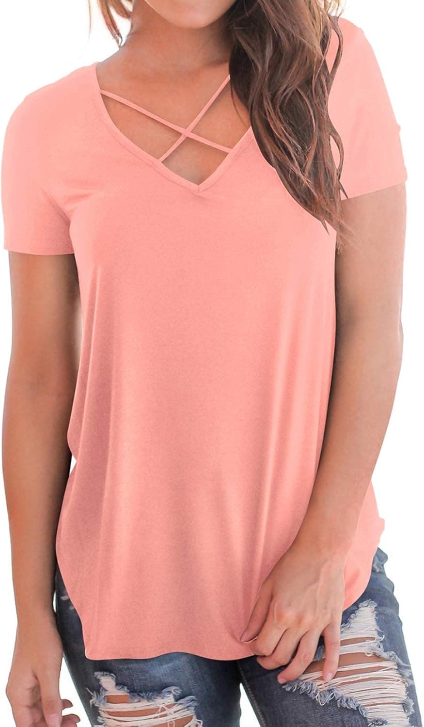 NIASHOT Womens T Shirts Short Sleeve V Neck Criss Cross Loose Fit Summer Tops