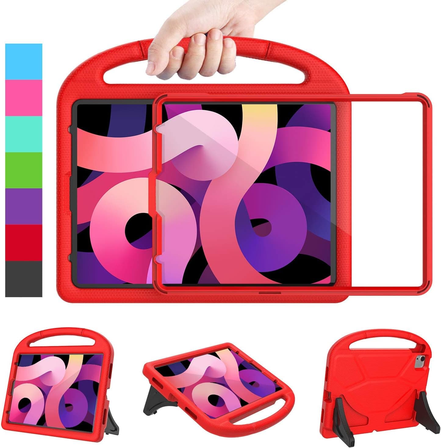 LEDNICEKER Kids Case for All-New iPad Air 4 2020, iPad 10.9 Case with Built-in Screen Protector, Shockproof Lightweight Handle with Kickstand Case for Apple iPad Air 4 10.9 4th 2020 Latest Mode, Red