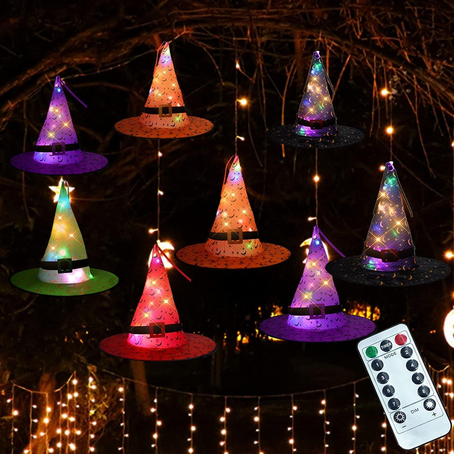 EYOUBE Halloween Decorations Outdoor Witch Hats String Lights 8pcs Halloween Hanging Glowing Witch Hat with 8 Lighting Modes Outdoor Halloween Lights for Yard,Tree
