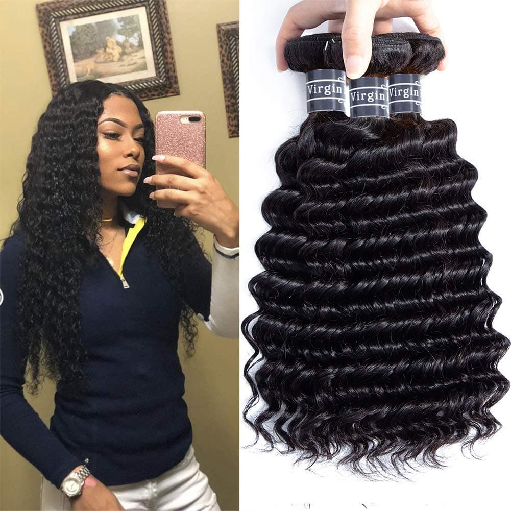 Amella Hair 8A Grade Brazilian Deep Wave virgin hair 3 Bundles 100% Uprocessed Remy Human Hair Natural Black Color (18 20 22 inch)